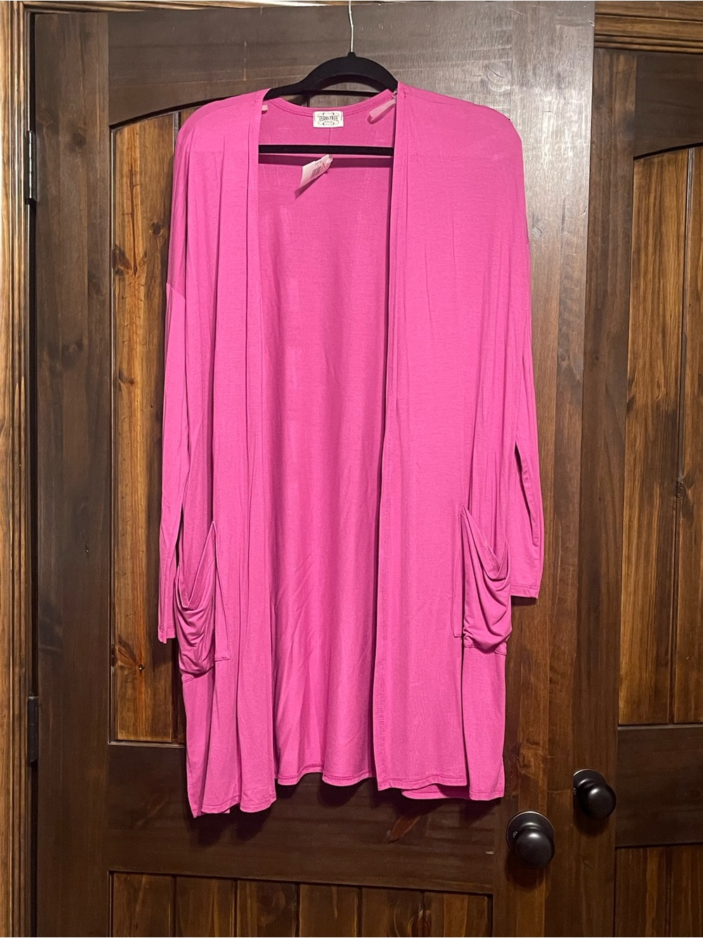 Women's Open-Front Bright Pink Cardigan with Ruched Pockets - Soft Layering